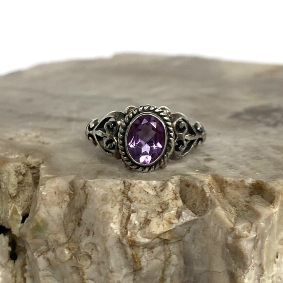 Oxidized Sterling Silver 925 Oval Amethyst Scrollwork Openwork Ring Size 6.75 - Picture 6 of 16